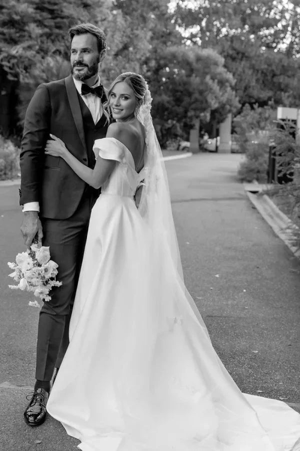 Timeless Satin A-Line Off-the-Shoulder Cowl-Neck High-Slit Cathedral-Train Wedding Dress by YiHuiw