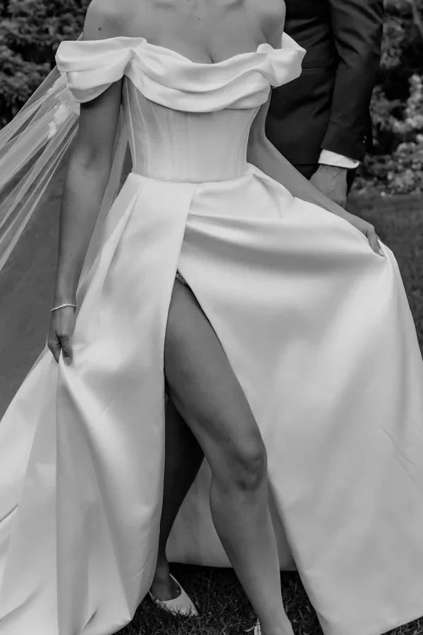 Timeless Satin A-Line Off-the-Shoulder Cowl-Neck High-Slit Cathedral-Train Wedding Dress by YiHuiw