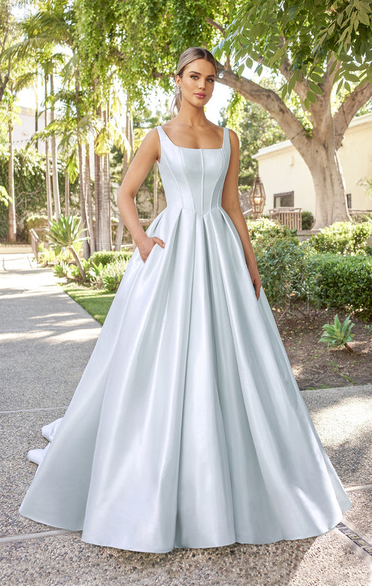 Timeless Satin Ballgown Square-Neck Sleeveless Low-Back Button-Detail Train Wedding Dress by YiHuiw