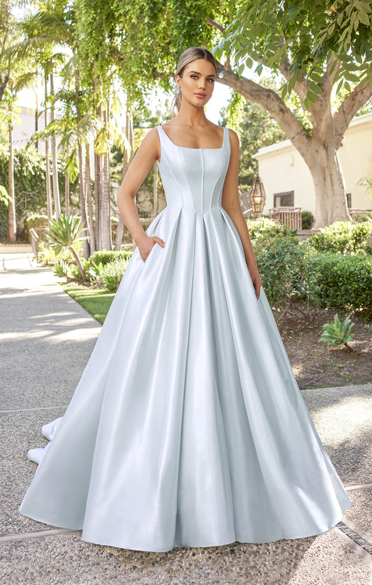Timeless Satin Ballgown Square-Neck Sleeveless Low-Back Button-Detail Train Wedding Dress