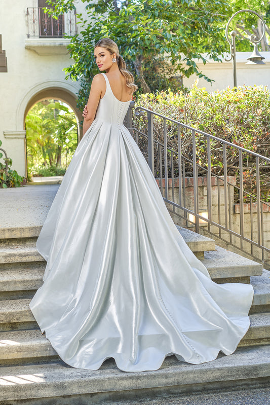 Timeless Satin Ballgown Square-Neck Sleeveless Low-Back Button-Detail Train Wedding Dress
