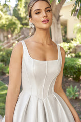Timeless Satin Ballgown Square-Neck Sleeveless Low-Back Button-Detail Train Wedding Dress