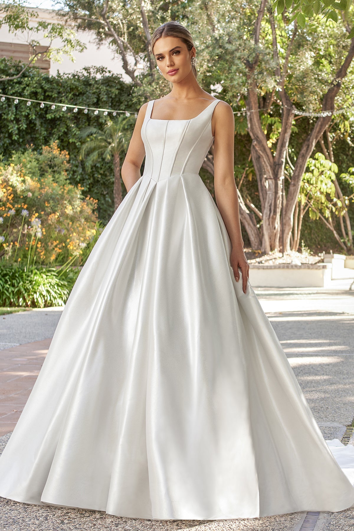 Timeless Satin Ballgown Square-Neck Sleeveless Low-Back Button-Detail Train Wedding Dress by YiHuiw