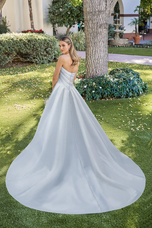 Timeless Satin Ballgown Strapless Cowl-Neck Ruched-Bodice Button-Detail Train Wedding Dress