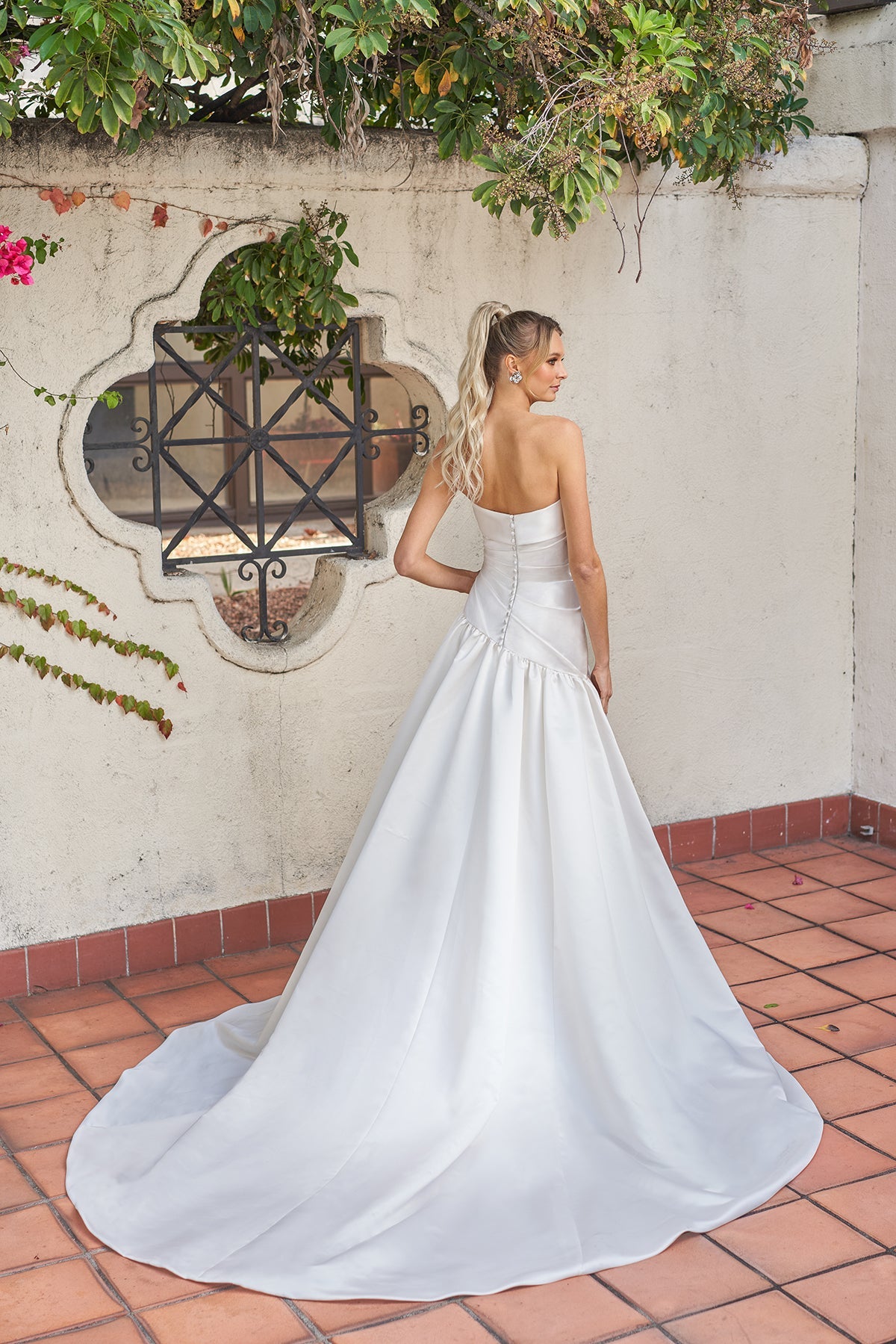 Timeless Satin Ballgown Strapless Cowl-Neck Ruched-Bodice Low-Back Train Wedding Dress by YiHuiw