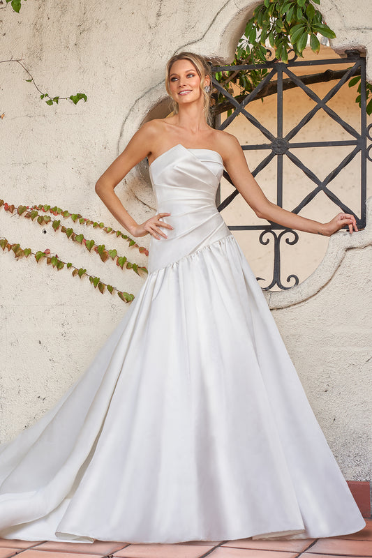 Timeless Satin Ballgown Strapless Cowl-Neck Ruched-Bodice Low-Back Train Wedding Dress