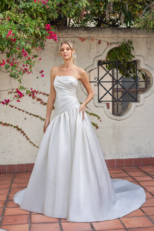 Timeless Satin Ballgown Strapless Cowl-Neck Ruched-Bodice Low-Back Train Wedding Dress