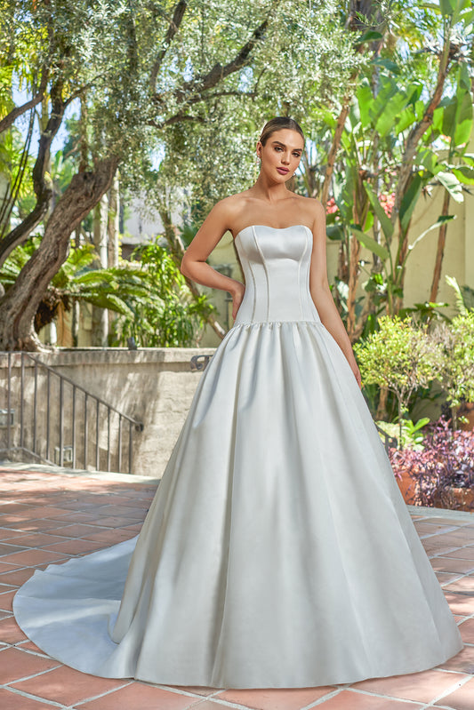 Timeless Satin Ballgown Strapless Sweetheart Corset-Bodice Button-Detail Cathedral-Train Wedding Dress