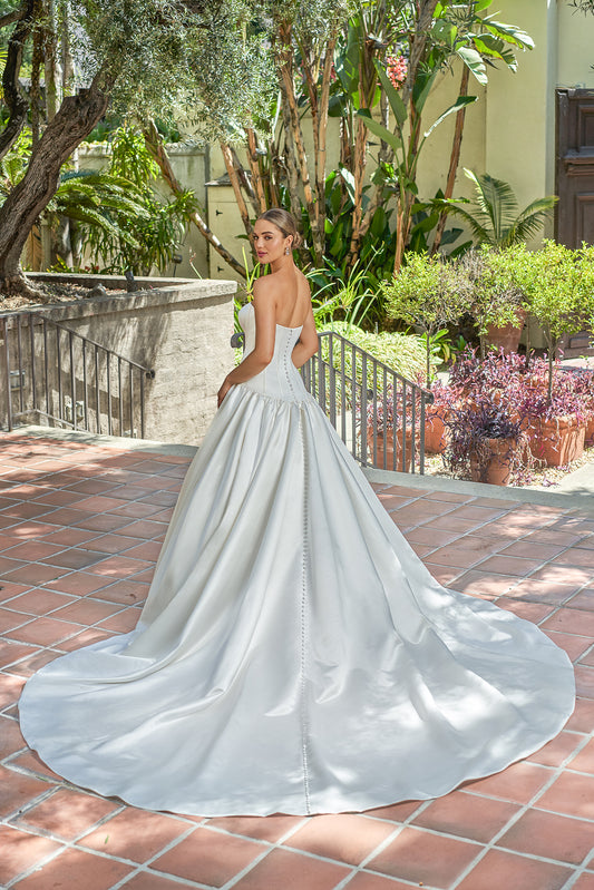 Timeless Satin Ballgown Strapless Sweetheart Corset-Bodice Button-Detail Cathedral-Train Wedding Dress