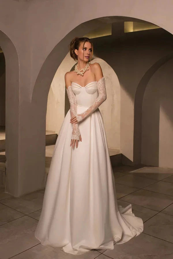 Timeless Satin Ballgown Strapless Sweetheart Lace-Glove Corset-Back Train Wedding Dress by YiHuiw