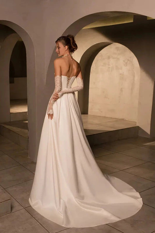 Timeless Satin Ballgown Strapless Sweetheart Lace-Glove Corset-Back Train Wedding Dress by YiHuiw