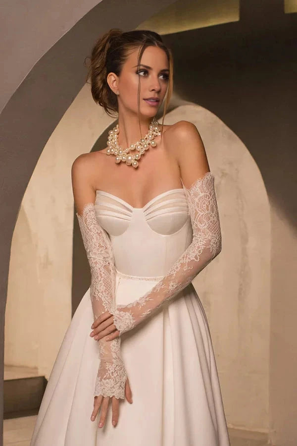 Timeless Satin Ballgown Strapless Sweetheart Lace-Glove Corset-Back Train Wedding Dress by YiHuiw