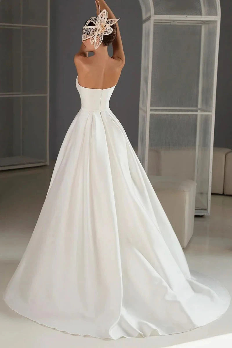 Timeless Satin Ballgown Strapless Sweetheart Ruched-Bodice High-Slit Train Wedding Dress by YiHuiw