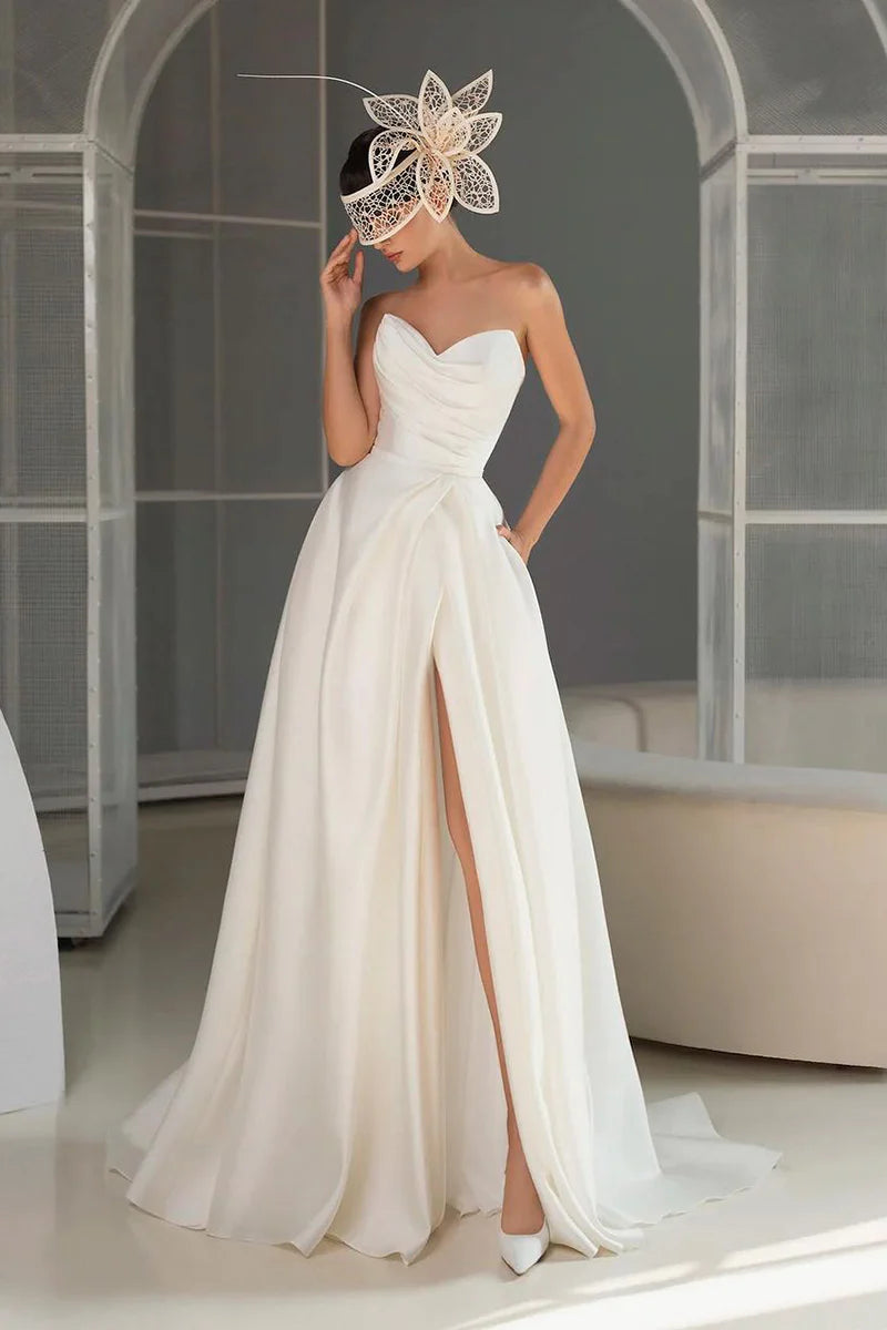 Timeless Satin Ballgown Strapless Sweetheart Ruched-Bodice High-Slit Train Wedding Dress