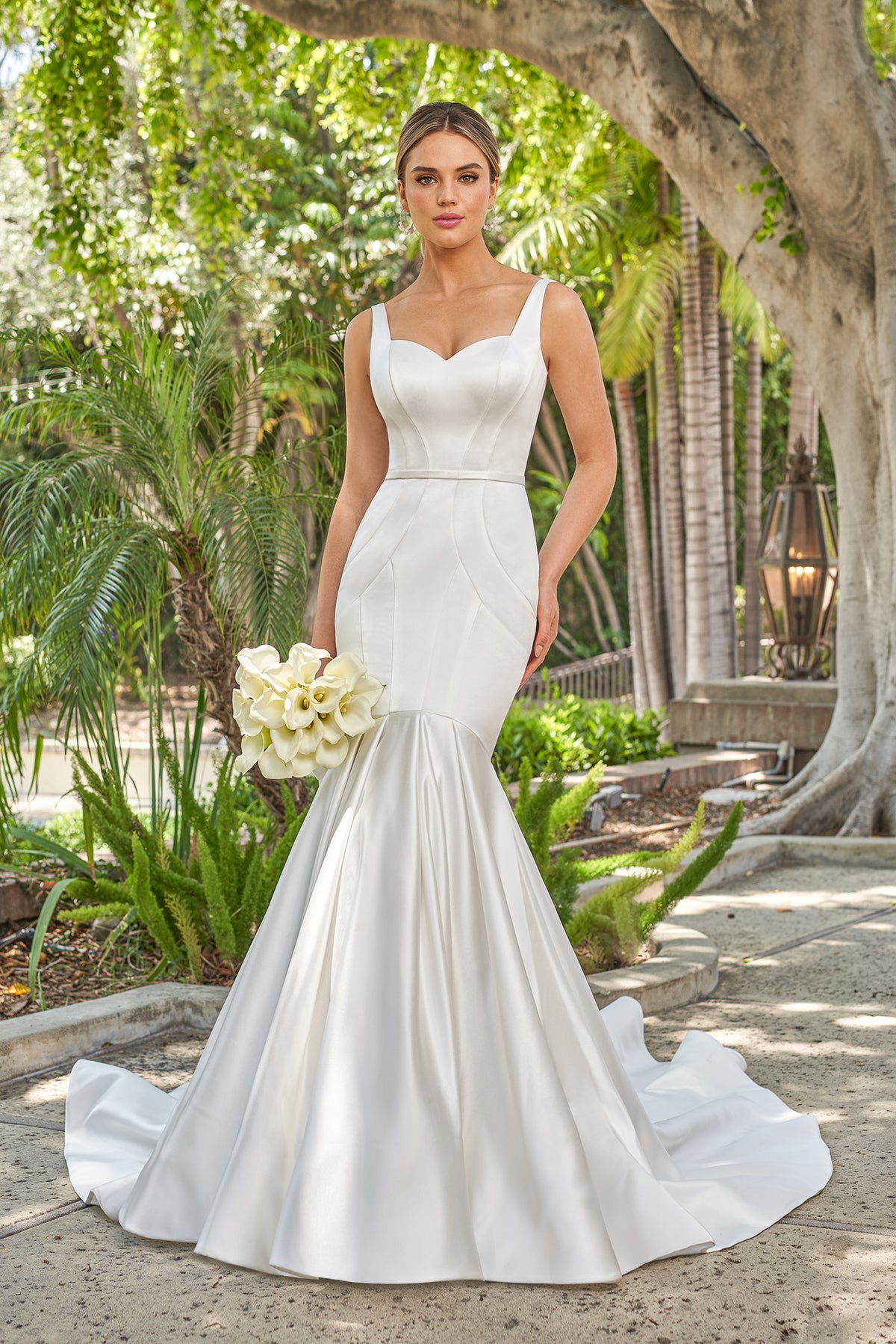 Timeless Satin Mermaid Sweetheart-Neck Sleeveless Low-Back Button-Detail Train Wedding Dress by YiHuiw