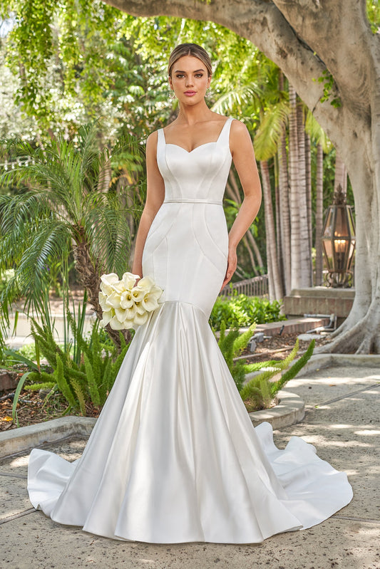 Timeless Satin Mermaid Sweetheart-Neck Sleeveless Low-Back Button-Detail Train Wedding Dress by YiHuiw