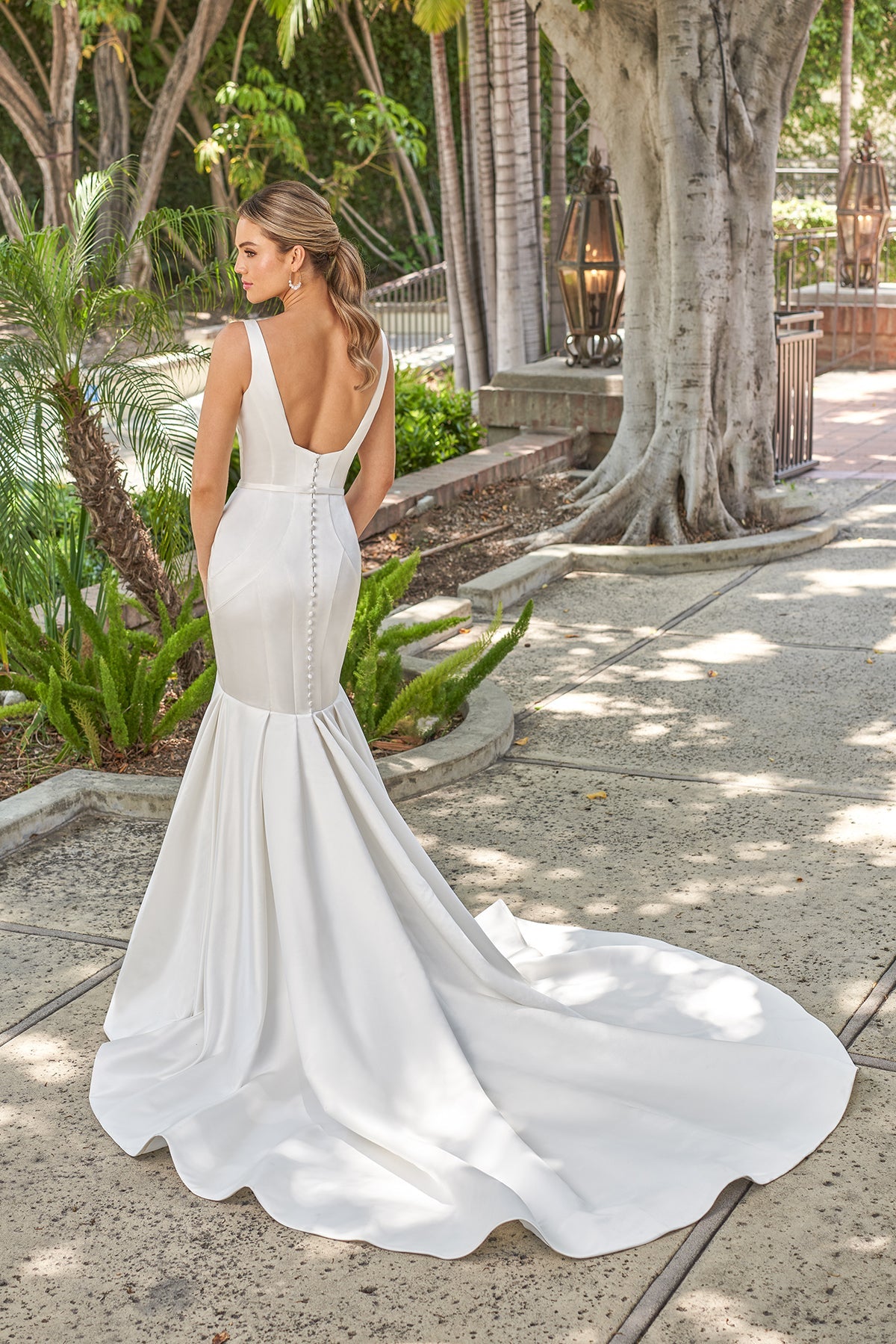 Timeless Satin Mermaid Sweetheart-Neck Sleeveless Low-Back Button-Detail Train Wedding Dress by YiHuiw