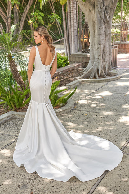 Timeless Satin Mermaid Sweetheart-Neck Sleeveless Low-Back Button-Detail Train Wedding Dress by YiHuiw