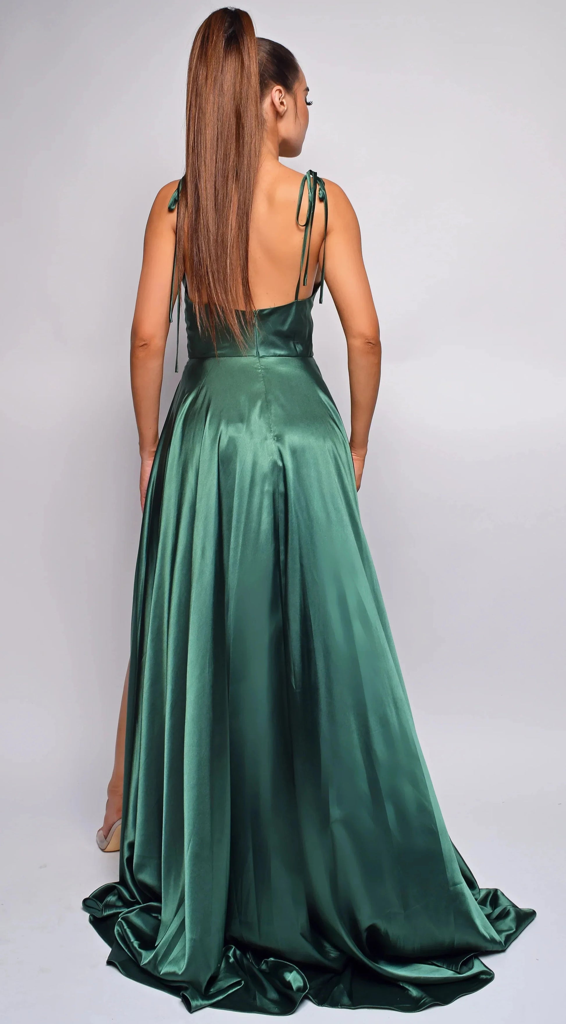 Timeless Satin Spaghetti-Strap Square-Neck Open-Back High-Slit Train Evening Dress by YiHuiw