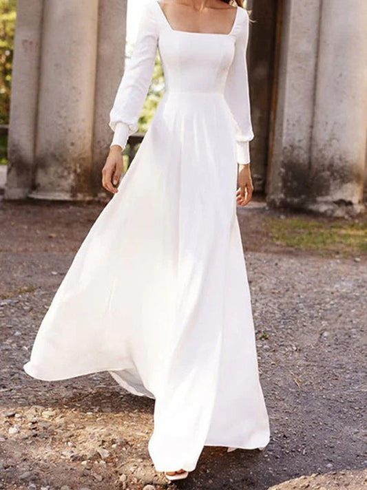 Timeless Square Neck Long Sleeve Satin A-Line Wedding Dress with Low Back & Button Detail