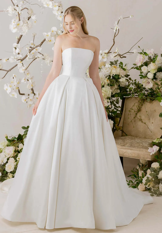 Ball Gown Strapless Satin Button Back Wedding Gown - Yihuiw by Yihuiw