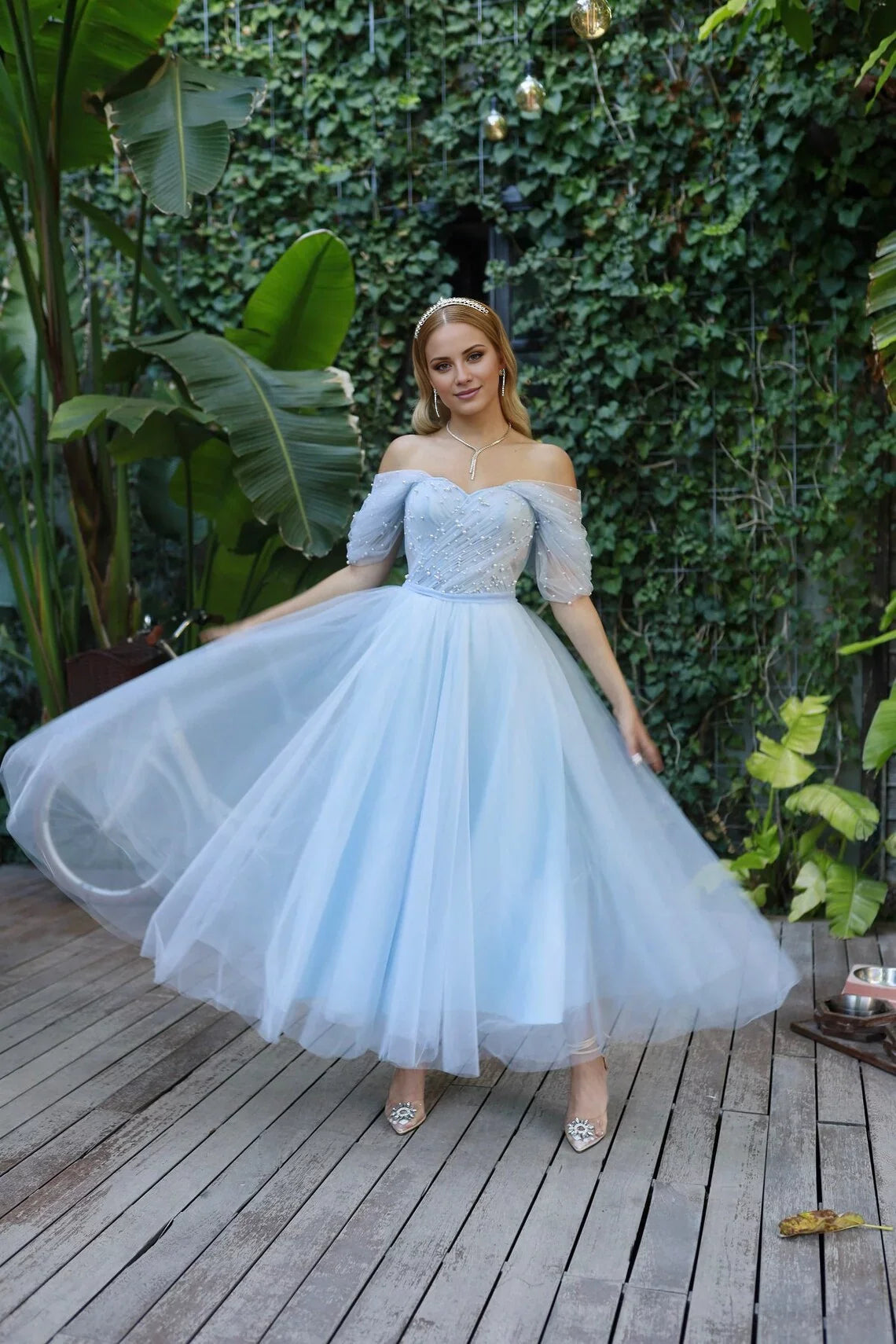 Tulle Ballgown Off-the-Shoulder Pearl-Embellished Sheer Sleeve Lace-Up Back Tea-Length Sky Blue Prom Dress