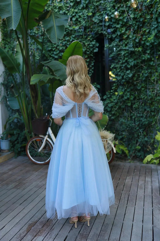 Tulle Ballgown Off-the-Shoulder Pearl-Embellished Sheer Sleeve Lace-Up Back Tea-Length Sky Blue Prom Dress by YiHuiw