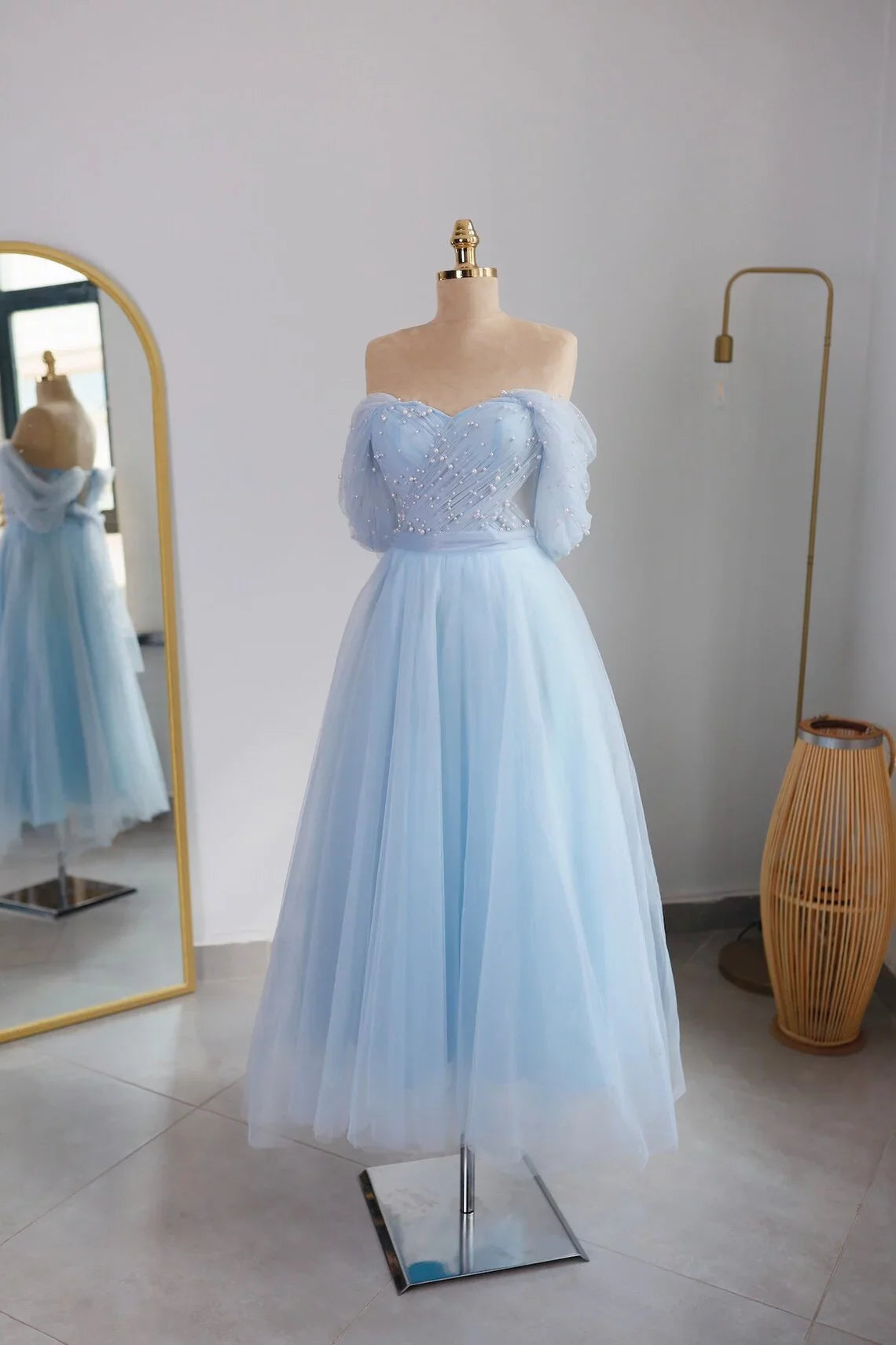 Tulle Ballgown Off-the-Shoulder Pearl-Embellished Sheer Sleeve Lace-Up Back Tea-Length Sky Blue Prom Dress