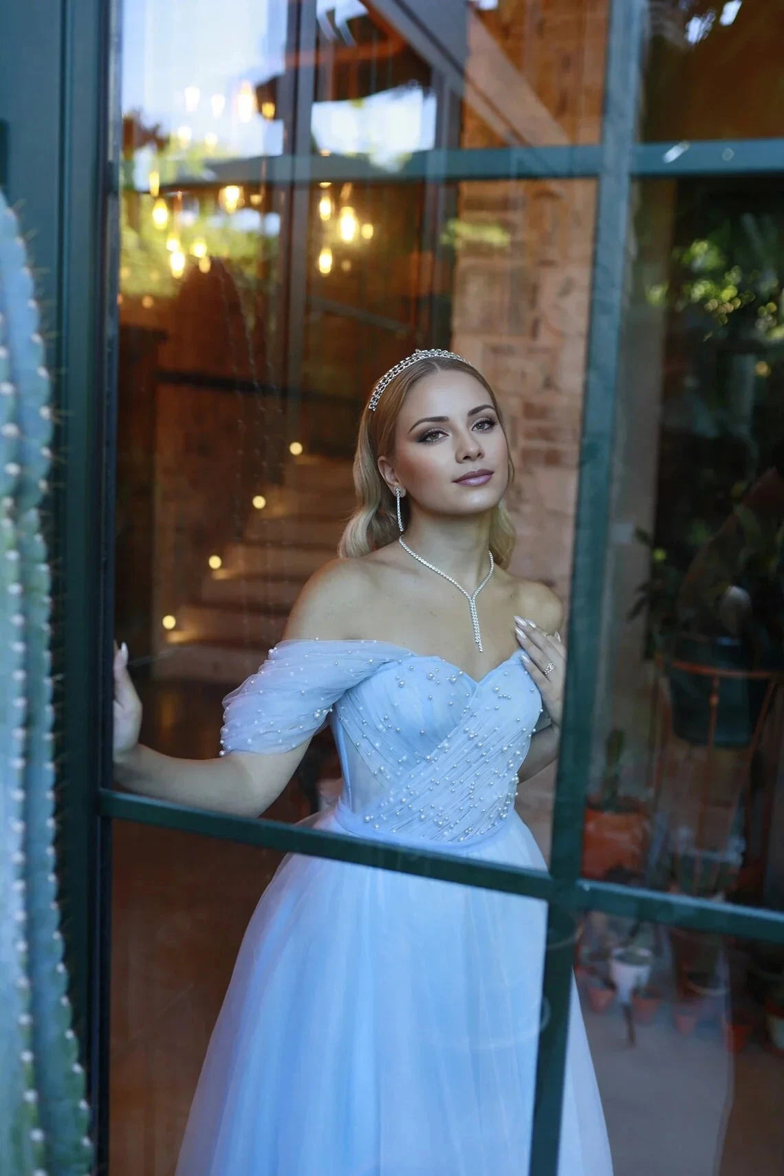 Tulle Ballgown Off-the-Shoulder Pearl-Embellished Sheer Sleeve Lace-Up Back Tea-Length Sky Blue Prom Dress by YiHuiw