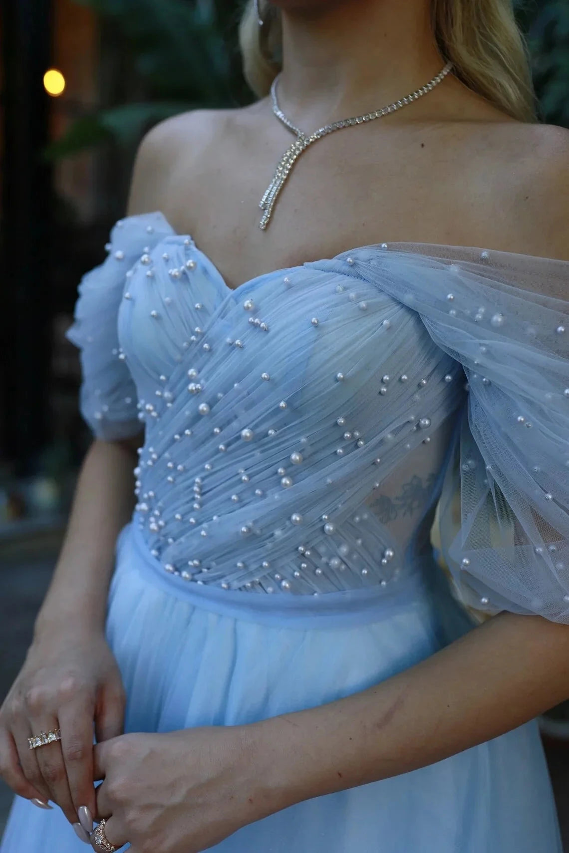 Tulle Ballgown Off-the-Shoulder Pearl-Embellished Sheer Sleeve Lace-Up Back Tea-Length Sky Blue Prom Dress by YiHuiw