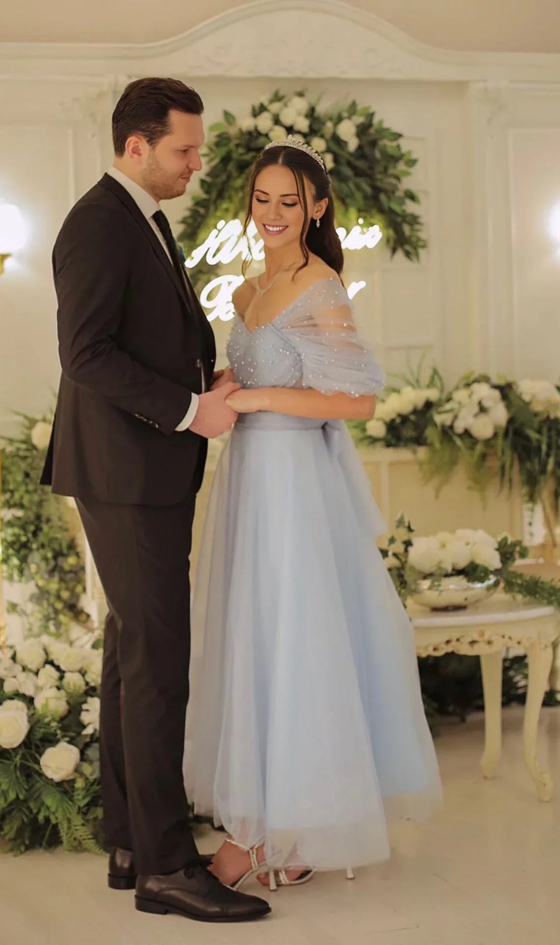 Tulle Ballgown Off-the-Shoulder Pearl-Embellished Sheer Sleeve Lace-Up Back Tea-Length Sky Blue Prom Dress