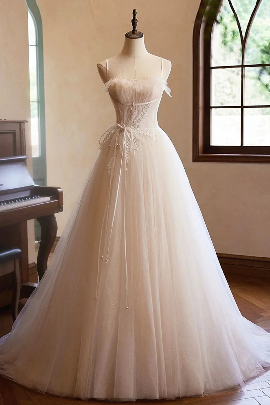 Tulle Lace Long Prom Dress, A-Line Spaghetti Straps Backless Evening Dress simple gentle atmospheric and unique desi Bring summer by YiHuiw