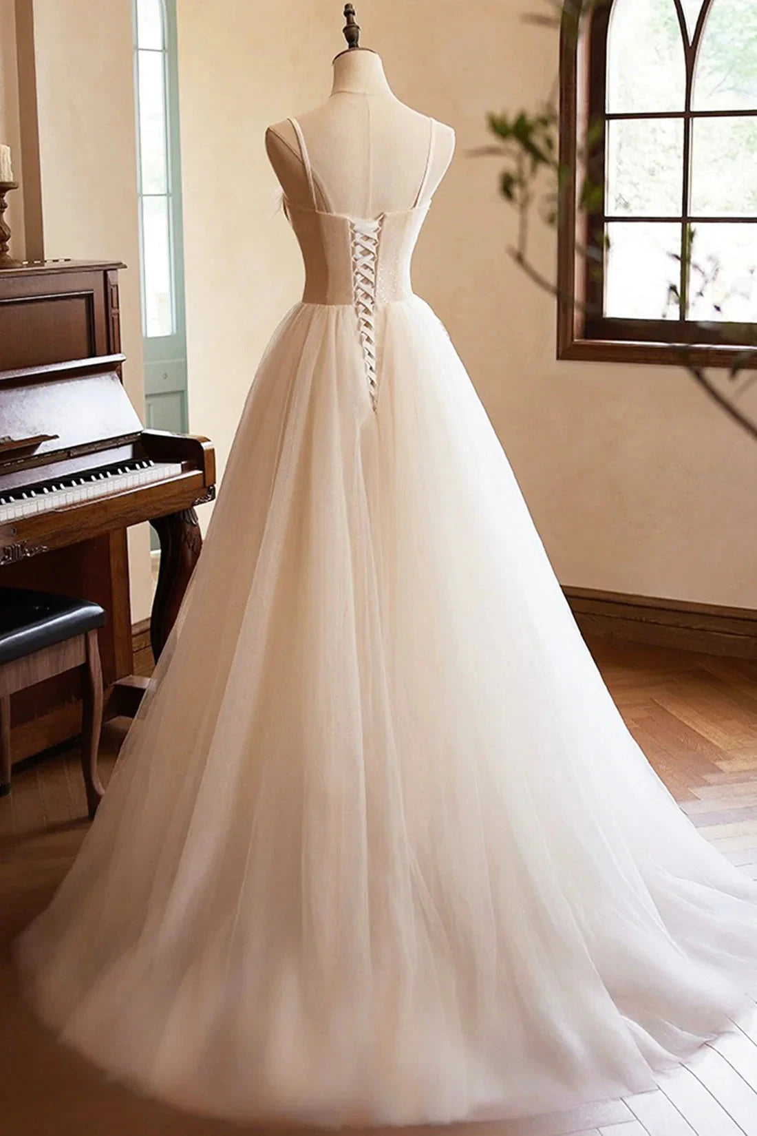 Tulle Lace Long Prom Dress, A-Line Spaghetti Straps Backless Evening Dress simple gentle atmospheric and unique desi Bring summer by YiHuiw