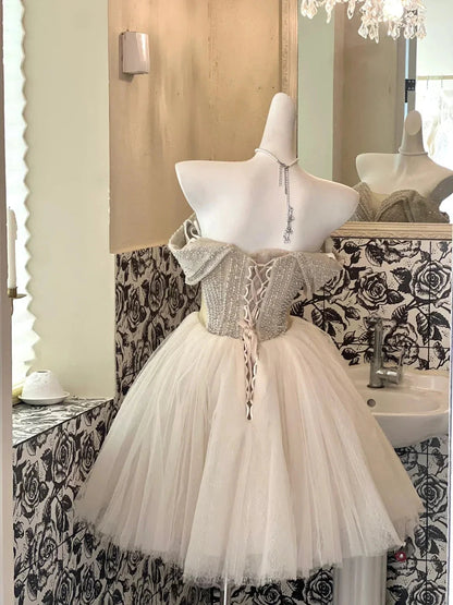 Tulle Off Shoulder Short Party Dress Cocktail Dresses Homecoming Dress simple gentle atmospheric and unique desi Brin by YiHuiw