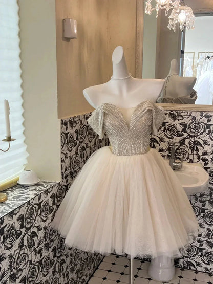 Tulle Off Shoulder Short Party Dress Cocktail Dresses Homecoming Dress simple gentle atmospheric and unique desi Brin by YiHuiw