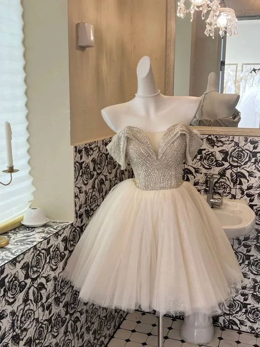 Tulle Off Shoulder Short Party Dress Cocktail Dresses Homecoming Dress simple gentle atmospheric and unique desi Brin by YiHuiw