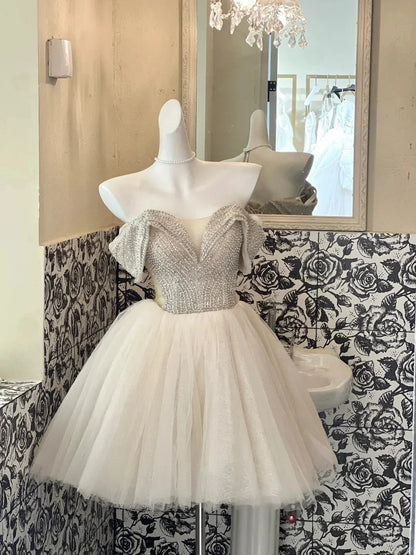 Tulle Off Shoulder Short Party Dress Cocktail Dresses Homecoming Dress simple gentle atmospheric and unique desi Brin by YiHuiw