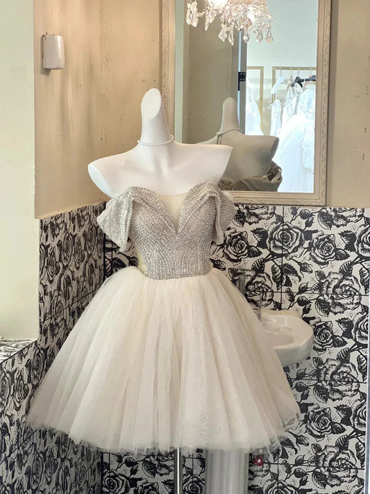 Tulle Off Shoulder Short Party Dress Cocktail Dresses Homecoming Dress simple gentle atmospheric and unique desi Brin by YiHuiw