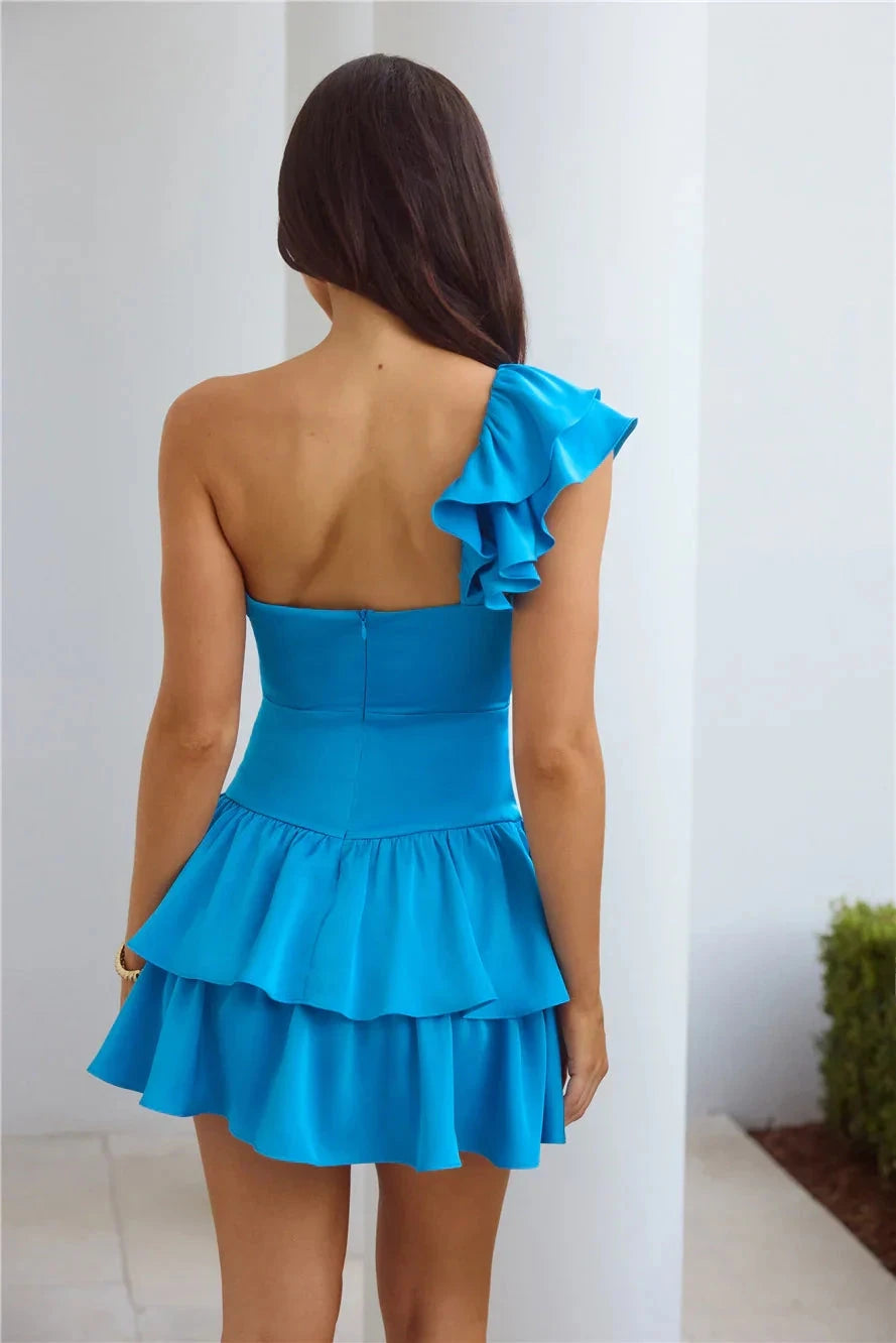 Turquoise One-Shoulder Ruffled Mini Dress with Bow Detail Tiered frill skirt Short Prom Dress by YiHuiw