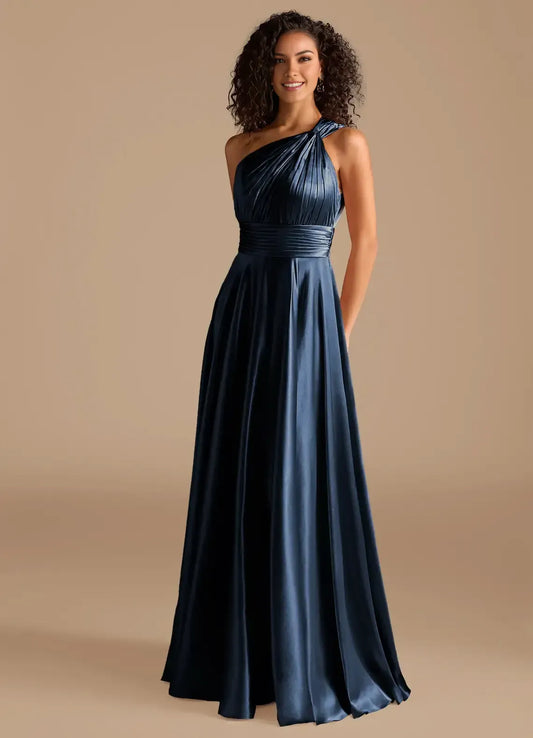 A-Line One-Shoulder Satin Pleated Wedding Dress - Yihuiw by Yihuiw