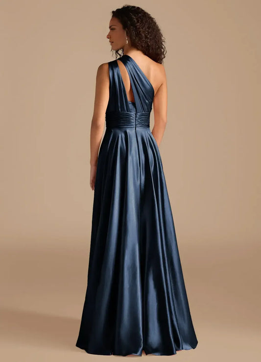 A-Line One-Shoulder Satin Pleated Wedding Dress - Yihuiw by Yihuiw