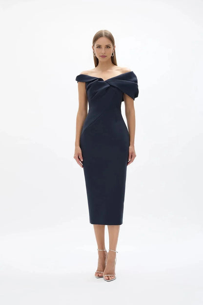 Twisted Sheath Off the Shoulder Sleeveless Zipper Back High Slit Midi Length For Ladies Prom Dress by YiHuiw
