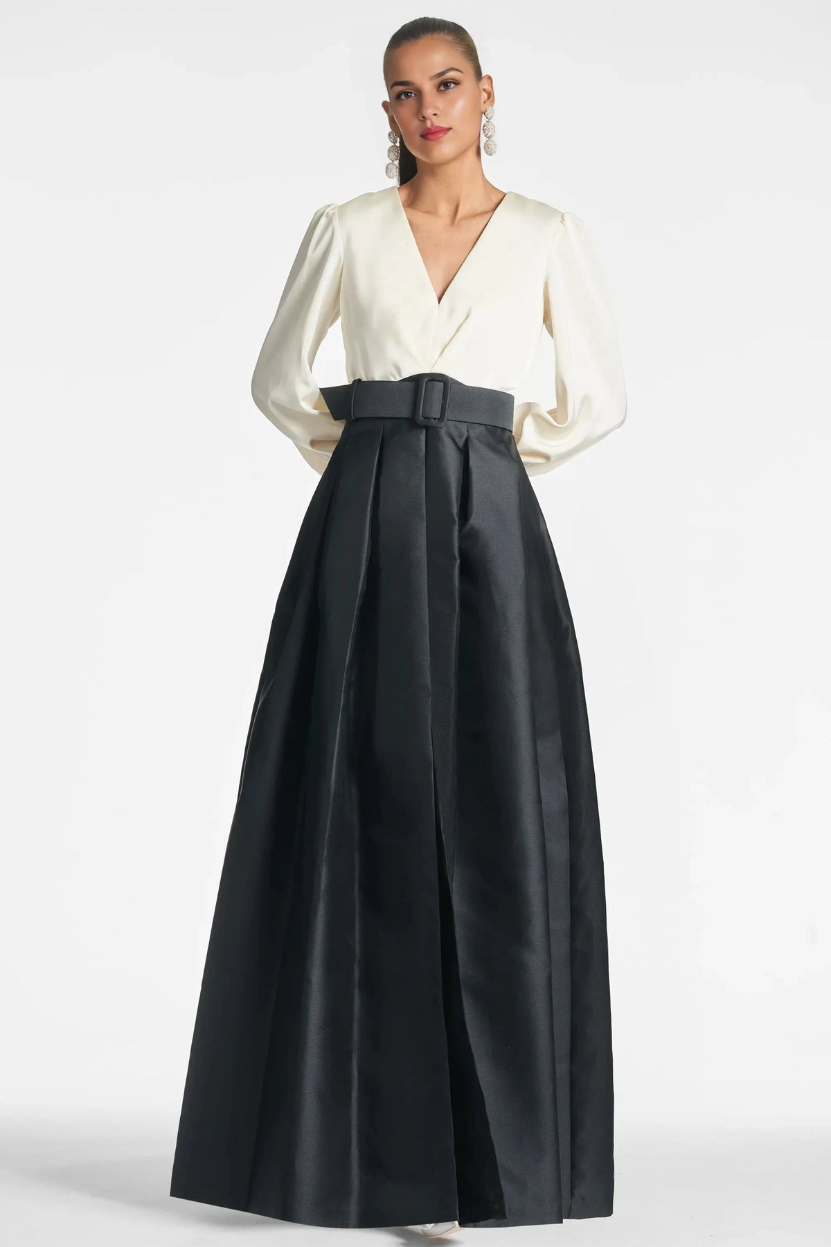 Two Tone Balloon Sleeve Ballgown V Neck Long Sleeve Zipper Back Floor Length For Women Evening Dress by YiHuiw
