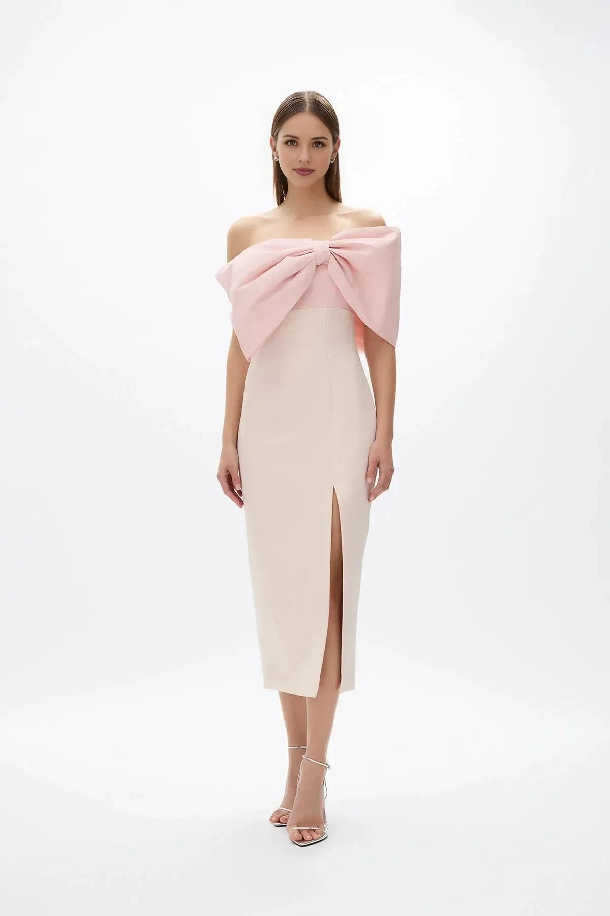 Two Toned Sheath Off the Shoulder Sleeveless Zipper Back High Slit Midi Length For Ladies Prom Dress by YiHuiw
