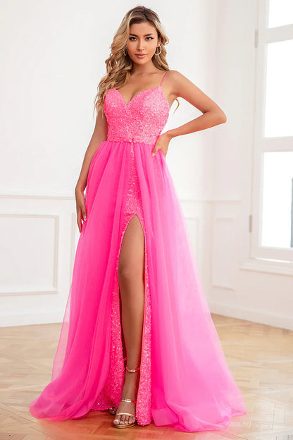 Vestido de graduación de gasa rosa fucsia con tirantes finos y abertura alta – Elegante vestido de noche formal de corte en A