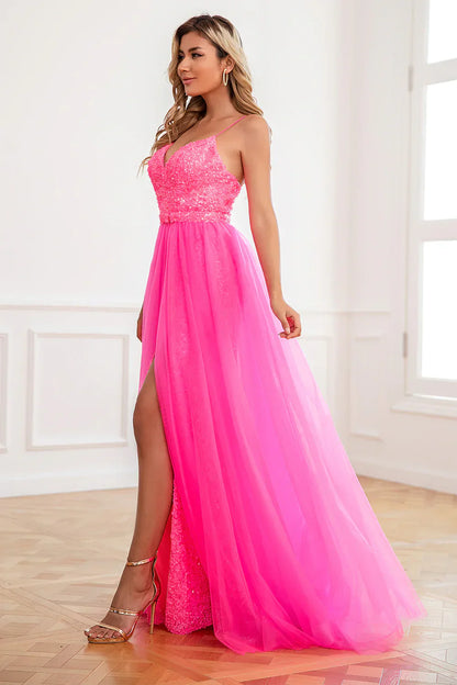 Vestido de graduación de gasa rosa fucsia con tirantes finos y abertura alta – Elegante vestido de noche formal de corte en A