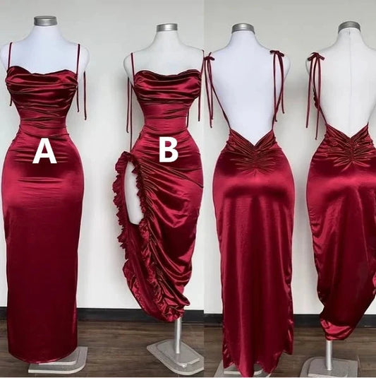 Unique Dark Red Spaghetti Straps Sheath Prom Dress Wedding Party Dresses simple gentle atmospheric and unique desi Bring summer colors to enhance whiteness by YiHuiw