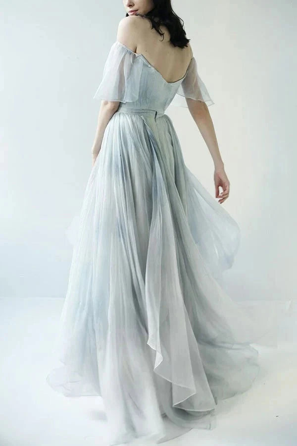 Unique Grey Blue Off-the-Shoulder Long Prom Dresses Garden Wedding Dresses simple gentle atmospheric and unique desi Bring summer colors to enhance whiteness by YiHuiw