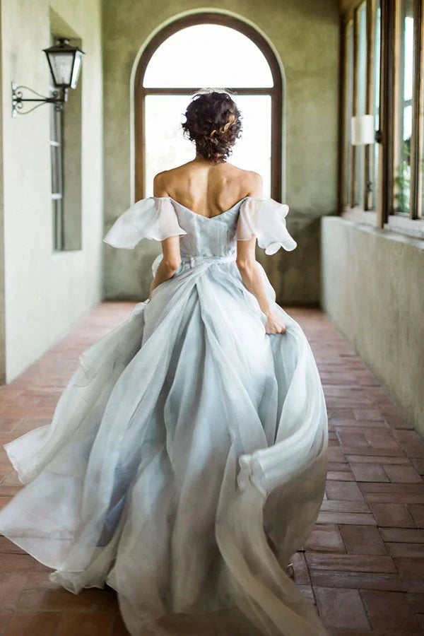 Unique Grey Blue Off-the-Shoulder Long Prom Dresses Garden Wedding Dresses simple gentle atmospheric and unique desi Bring summer colors to enhance whiteness by YiHuiw