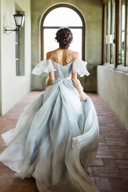Unique Grey Blue Off-the-Shoulder Long Prom Dresses Garden Wedding Dresses simple gentle atmospheric and unique desi Bring summer colors to enhance whiteness by YiHuiw